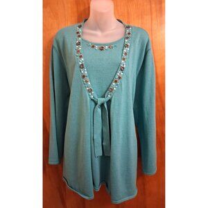 Alfred Dunner womens green Pullover Top Layered Look open front 2X bead trim